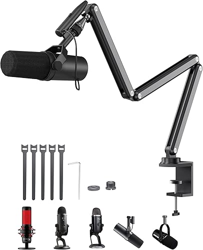 KU XIU Soporte de micrófono de brazo de aleación de aluminio para escritorio, soporte de brazo de micrófono ajustable de tres secciones con canales