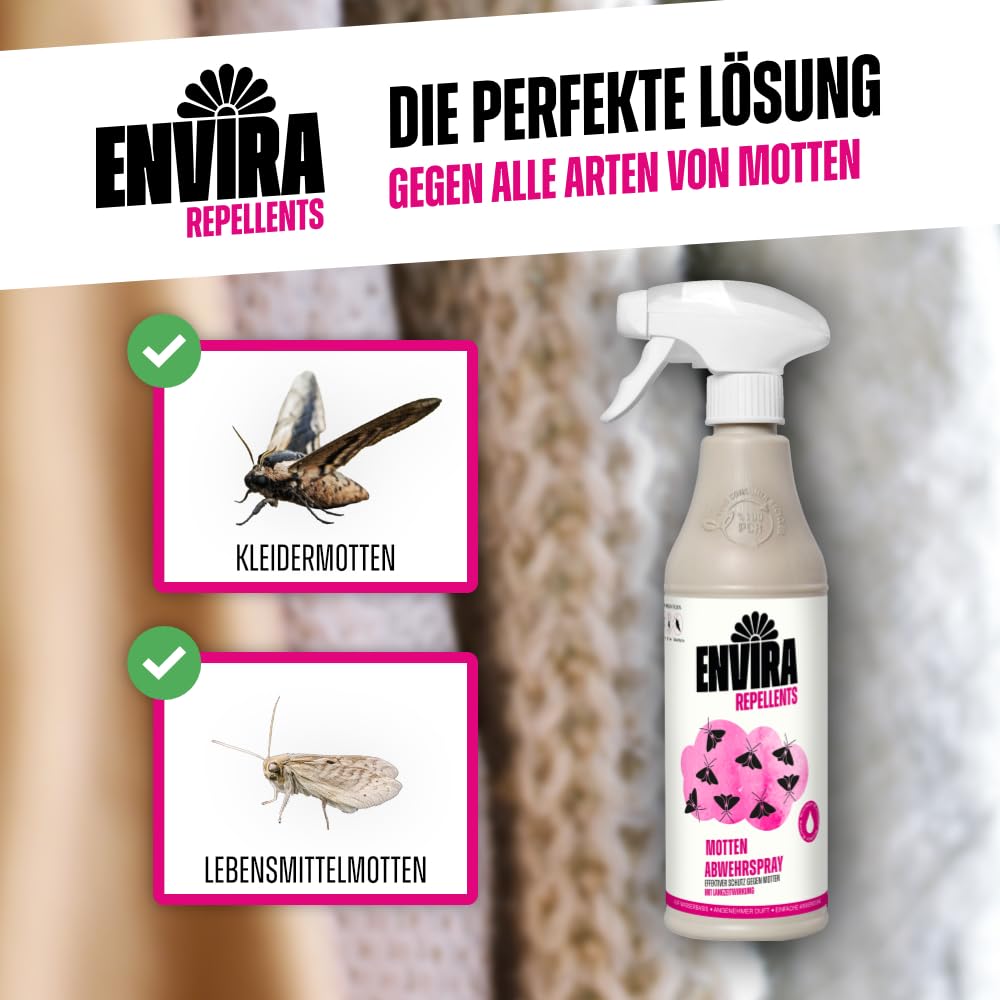Envira Mottenspray 4 x 5 Liter - hochwirksam gegen Motten & Kleidermotten | Mottenschutz für den Kleiderschrank - Mittel gegen Lebensmittelmotten in der Wohnung, Langzeitwirkung