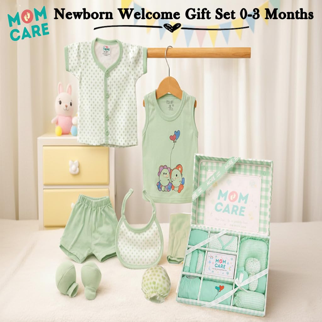 MOM CARE New Born Baby Clothes 0-3 Months | 11 Piece Baby Gift Set | 100% Cotton Newborn Clothing with Bib, Mittens, Booties & Towel | Baby Clothes Set 0-3 Months | Green