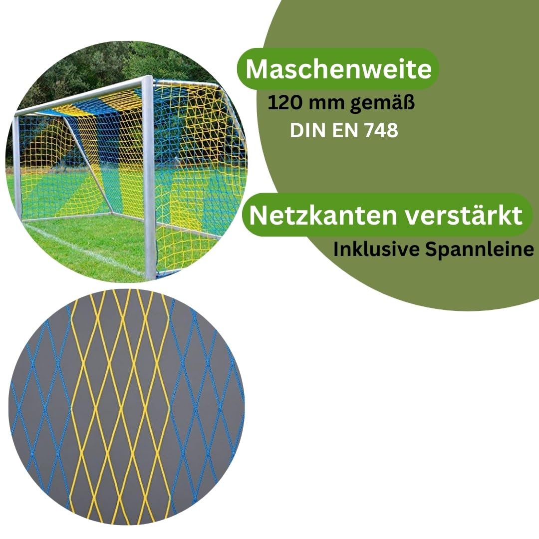 Fußball Tornetz Fußballtornetz 7,50 m x 2,50 m Tiefe Oben 0,80 m unten 1,50 m Fußballnetz zweifarbig PP 4 mm Farbe Blau/Gelb
