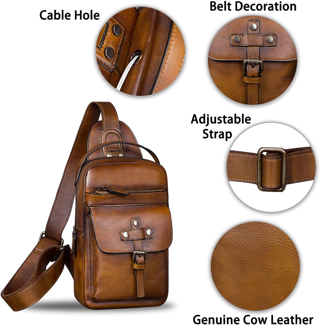 IVTG Genuine Leather Sling Bag Chest Shoulder Fanny Bag Hiking Backpack Vintage Handmade Crossbody Daypack - Image 6