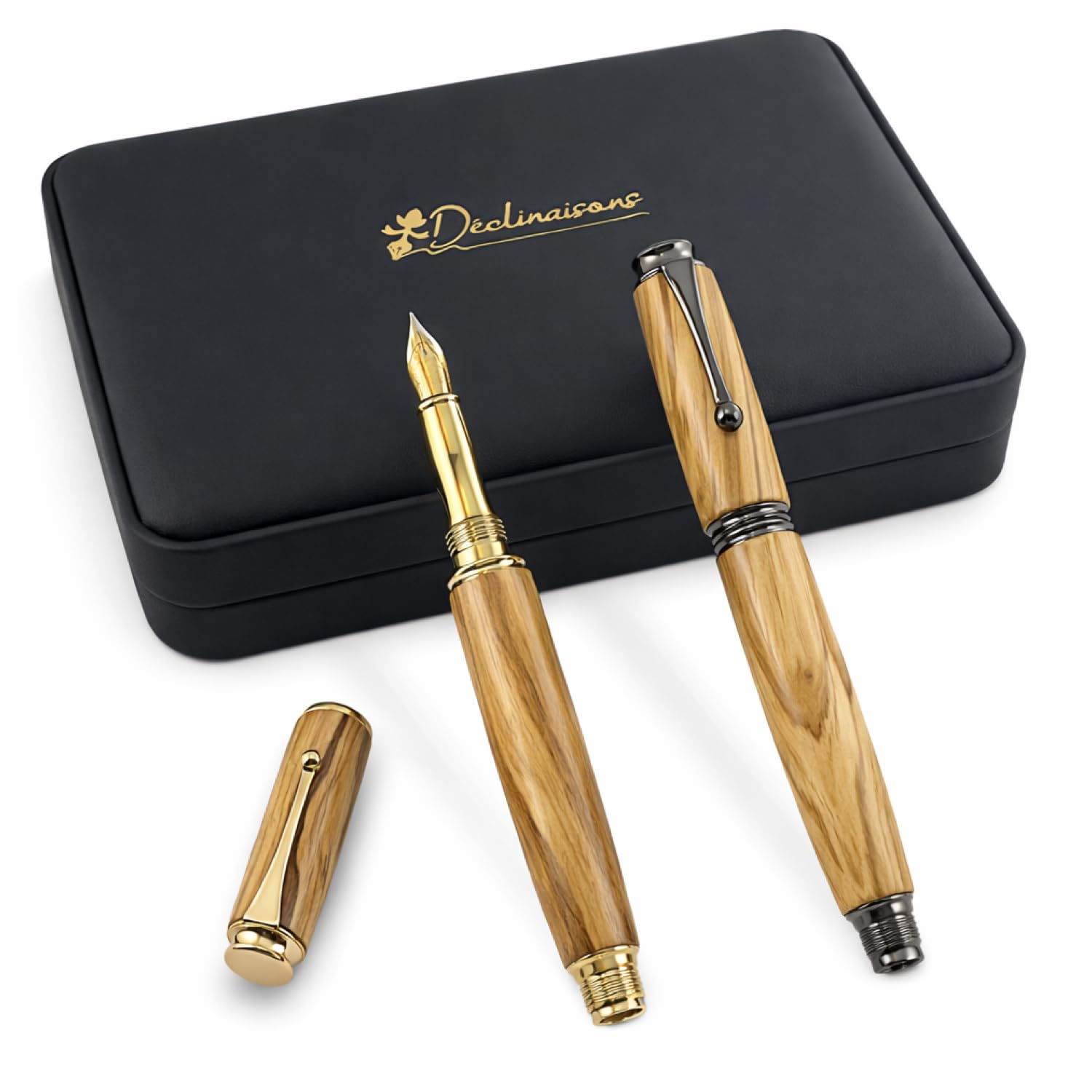 Parure 2 Stylos Premium Bois d'Olivier d'Italie. Fabriqué Main en France. Personnalisé avec gravure. Livré avec boîte cadeau luxe | Noël, Mariage, Noces, Homme, Femme, Anniversaire