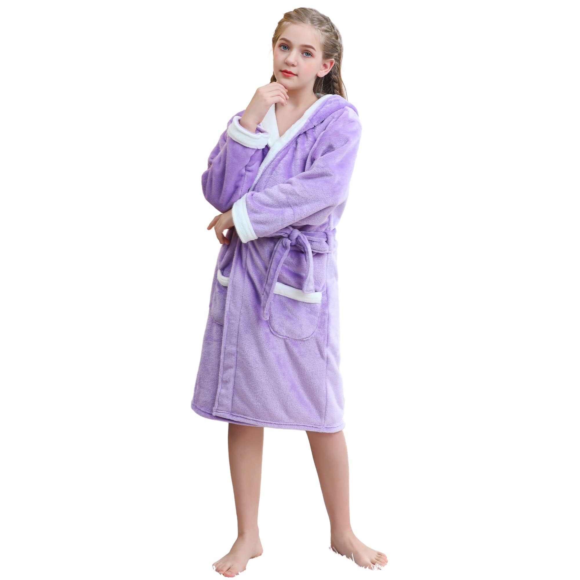 V.&GRIN Girls Fleece Hooded Robe, Kids Soft Plush Warm Printed Bathrobe Sleepwear Gifts for 5-14 Years