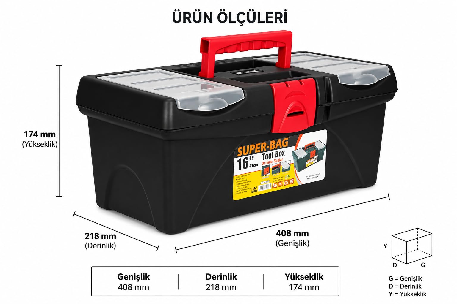 Super Bag 16 İnç Plastik Takım Çantası, Organizer Bölmeli Alet Çantası, Kilitli El Aleti Saklama ve Taşıma Kutusu, Ev Garaj Atölye Kullanımı, ASR2017