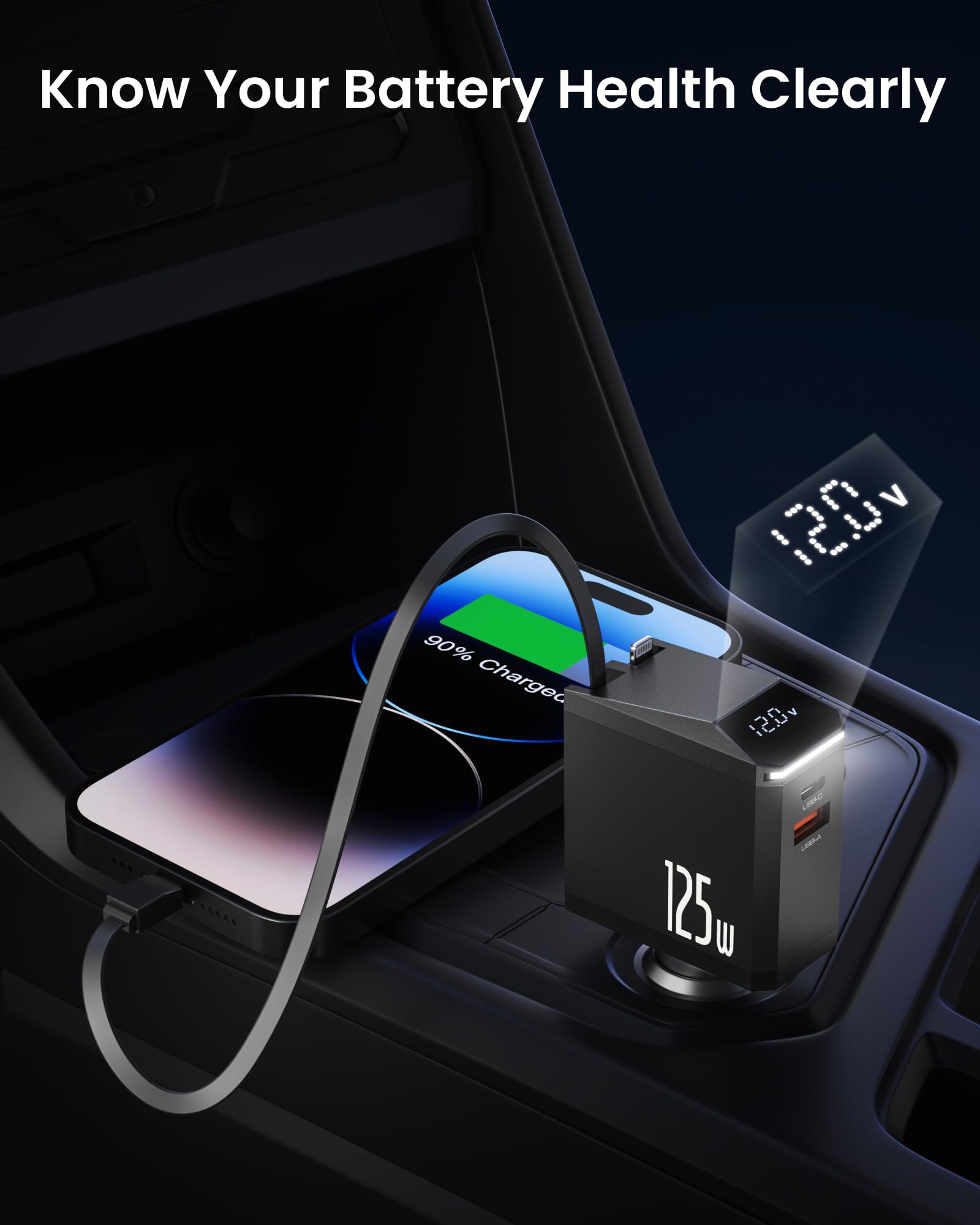 Ładowarka Samochodowa USB C 125W, Ładowarka do Telefonu z Kablem Wysuwan | Zapalniczka Gniazda Adapter,Ładowarki Samochodowej do Telefonów Komórkowych z Zwijany Kabel Typu-C,Szybka Wyświetlacze