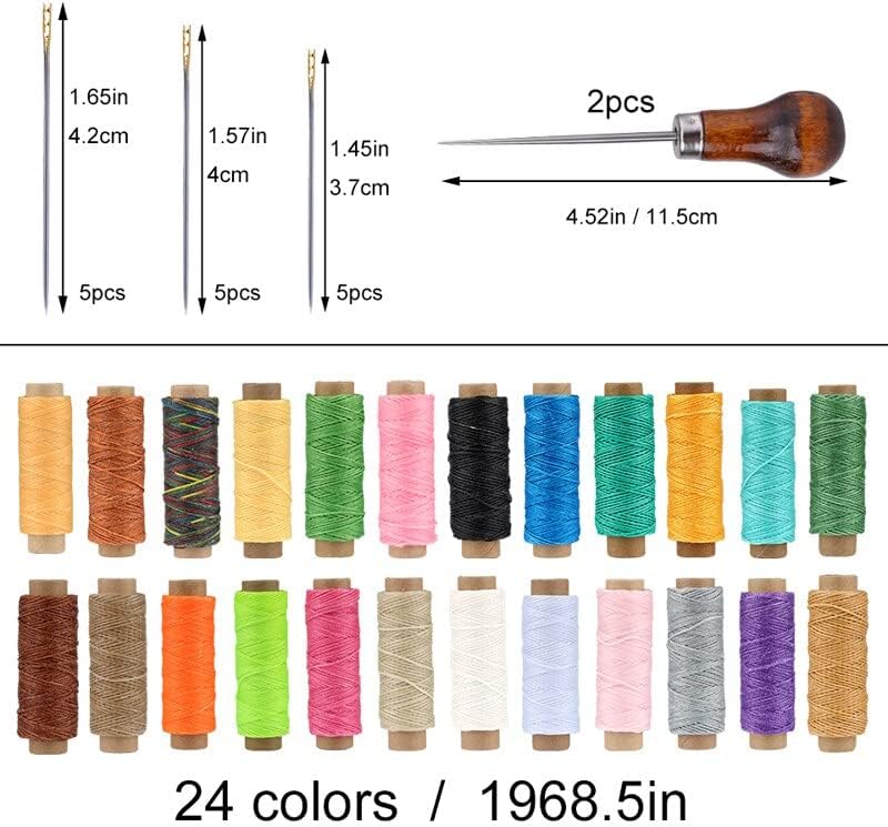 RORGETO 41pcs DIY Leather Craft Tools Set 24 Colors 50M Waxed Thread 37/40/42mm Sewing Blind Needles Single Gourd Handle Awl