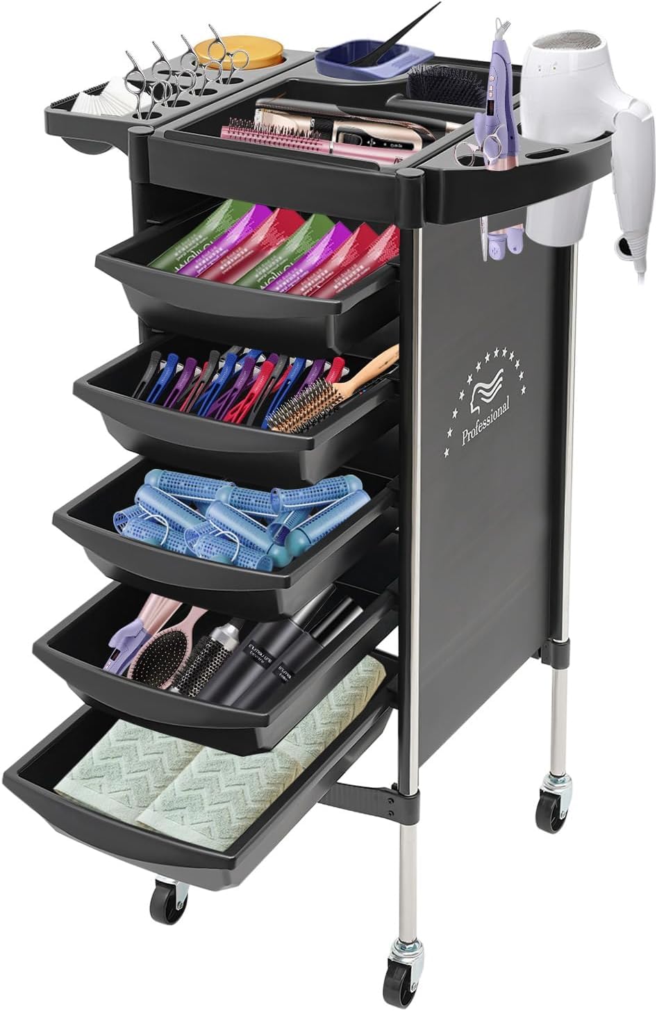 Carrello da Parrucchiere con Ruote, 36 x 85,5 cm, 5 Cassetti, Rettangolare, 6-Etagen Carrello Estetista con Aperture Multiple per Parrucchieri, Gioielli, Cosmetici, Salone di Bellezza, SPA