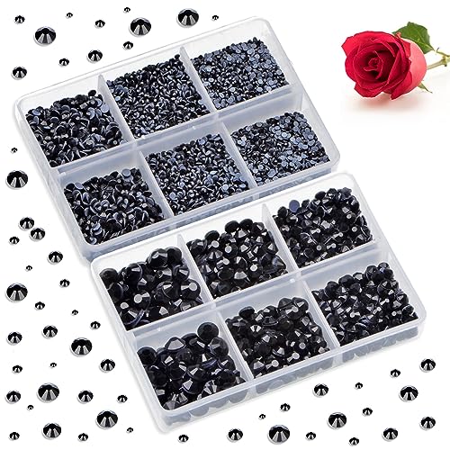 Image of Bymitel Hotfix Crystal Rhinestones Round Gems for Crafts,Mixed 6 Sizes with Wax Pencil Kit, Black 1.6-6.3mm SS4-SS30 /8000pcs