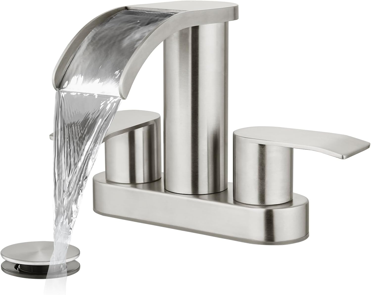 gotonovo 4 Inch Centerset Waterfall Bathroom Sink Faucet Deck Mount 2 Handle Basin Faucets 2 or 3 Hole with Pop Up Drain Included Lavatory Modern Mixer Tap Vanity Faucet Brushed Nickel