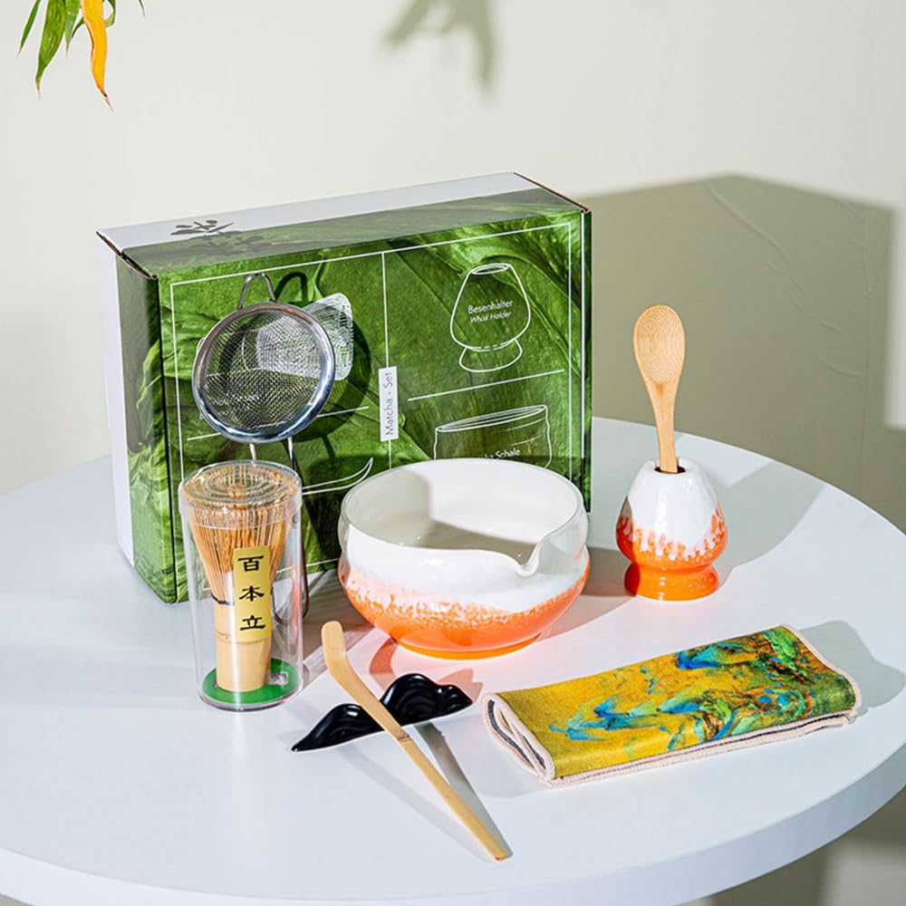 Juego de 8 batidores de matcha con caja de regalo, juego tradicional de ceremonia de té japonés, juego de cuencos de cerámica esmaltada para cambiar el horno, juego de cuencos de matcha a rayas
