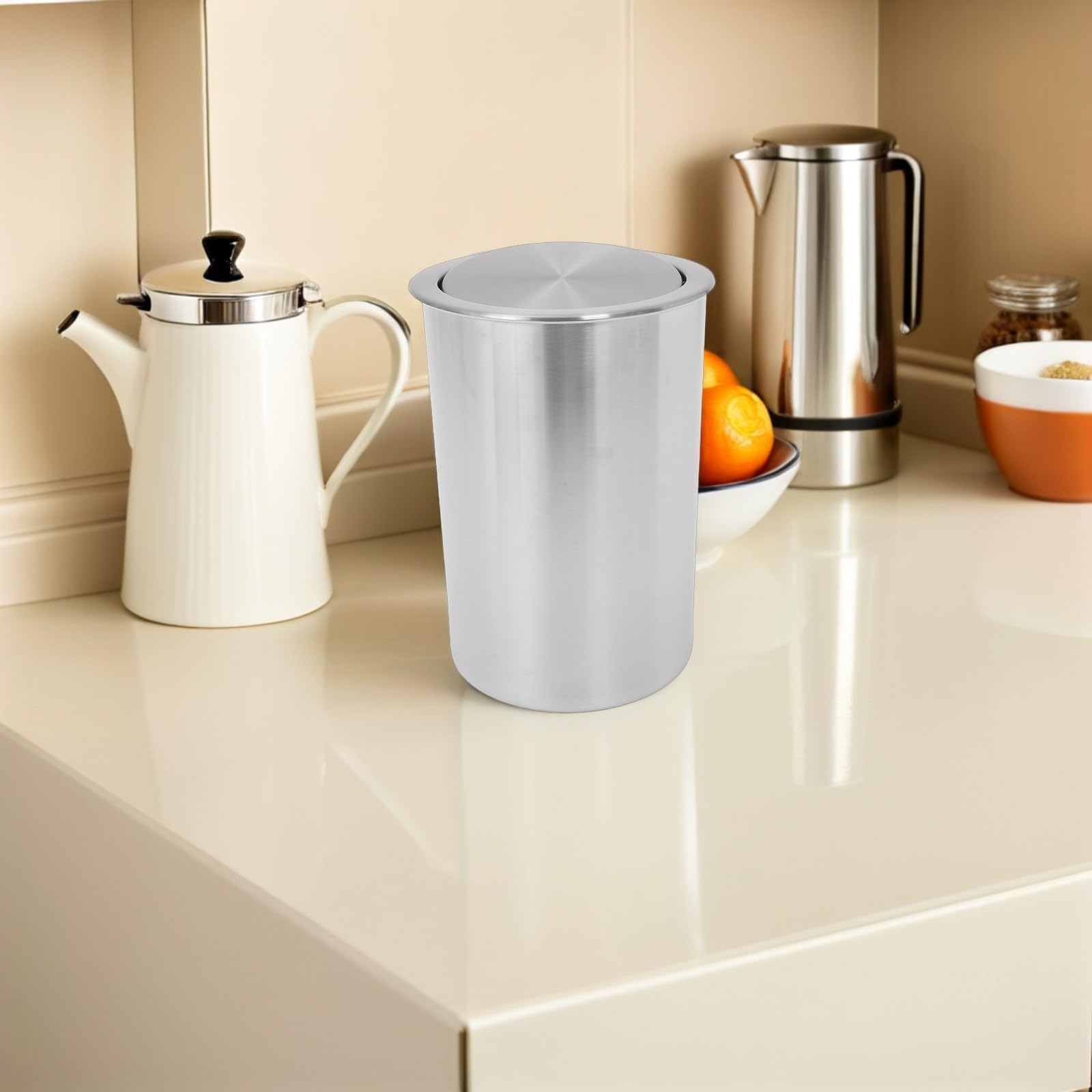 Cubo de Basura con Tapa Abatible Silenciosa Empotrado de Acero Inoxidable Diseño Redondo Moderno y Funcional para Cocina y Restaurante