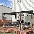 Domi 10x12FT Lean to Gazebo, Hardtop Wall Mounted Gazebo with Sloping Galvanized Steel Roof, Wall Pergola with Aluminum Frame, Curtains and Netting, for Patio, Deck, Garden, Backyard