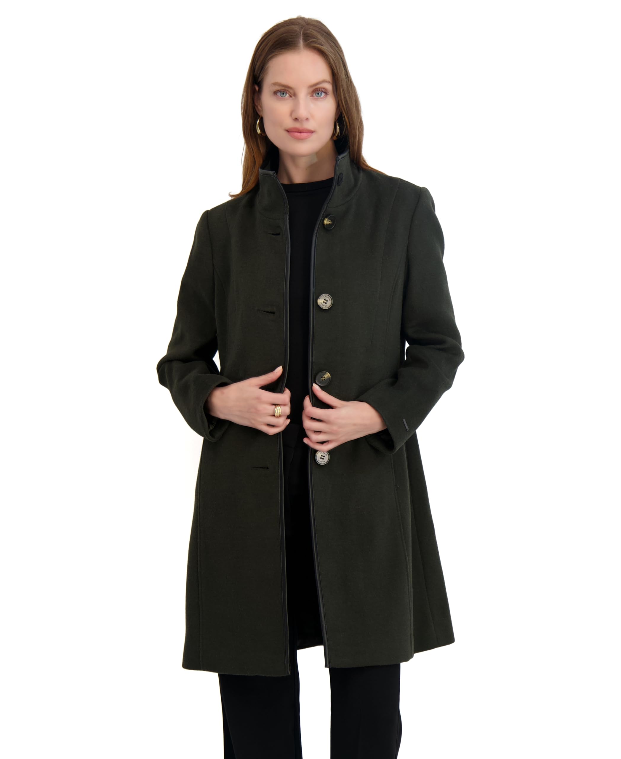 Women's Slim Fit Soft Wool Blend Walker Coat With Pu Trim, Stretch Lining & Front Button Closure-image-43