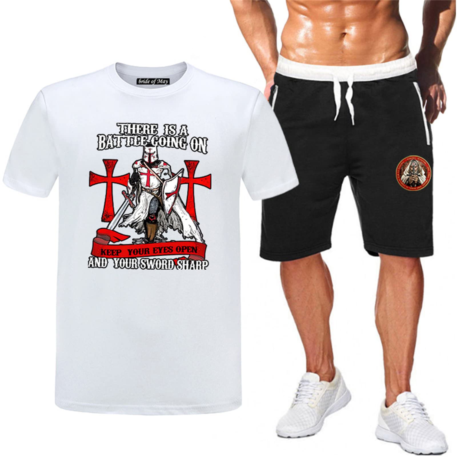 Kewing Men's # 4 Knights Templar T-Shirt And Shorts Set Medieval Crusaders Cosplay Costume Casual Summer Tracksuit For Two Piece Set