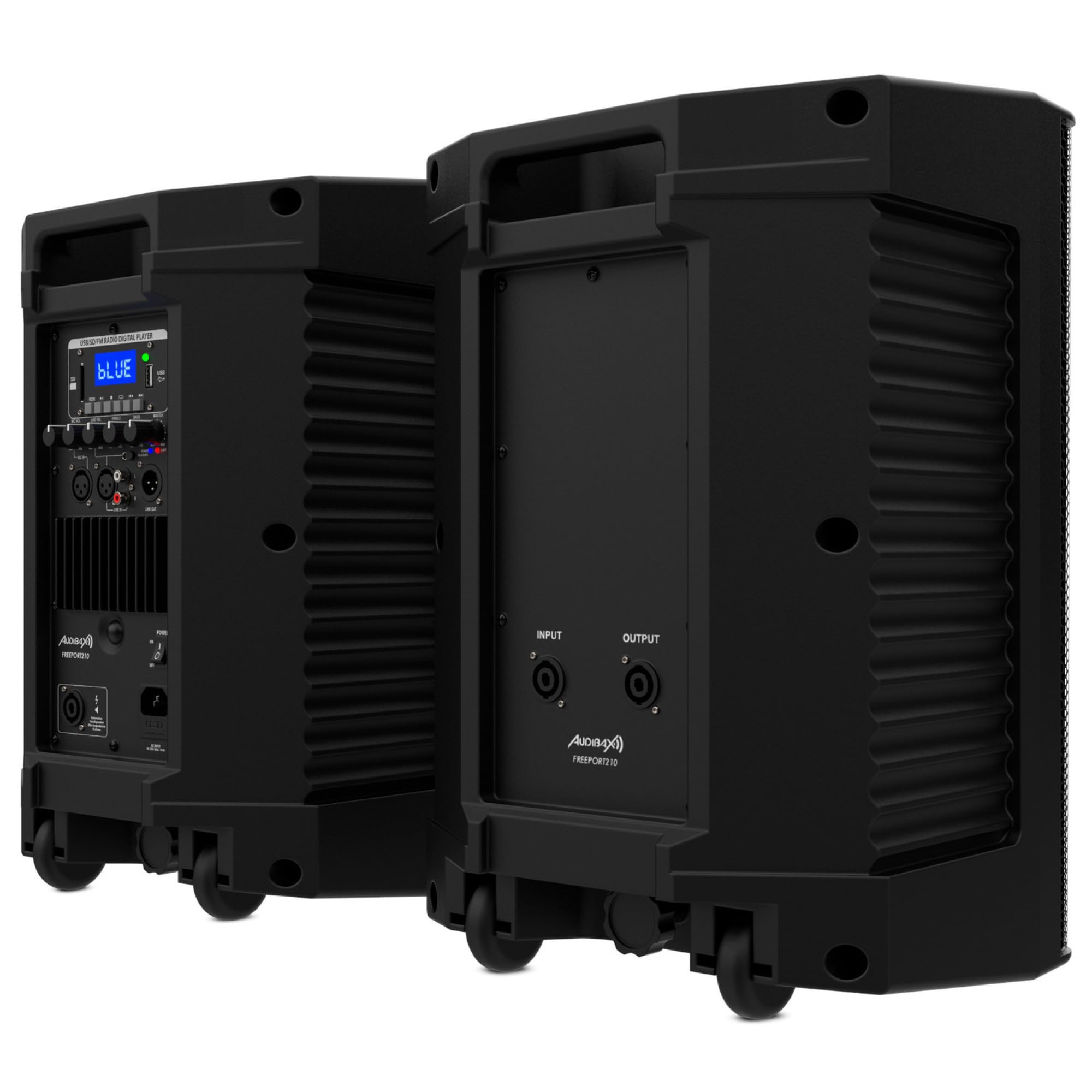 Audibax Freeport 210 - Set di 2 Altoparlanti Attivi e Passivi da 10" - Potenza 250W - Connessione USB/SD/FM - Cavo Alimentazione e Telecomando Inclusi - Altoparlante Amplificato con Bluetooth