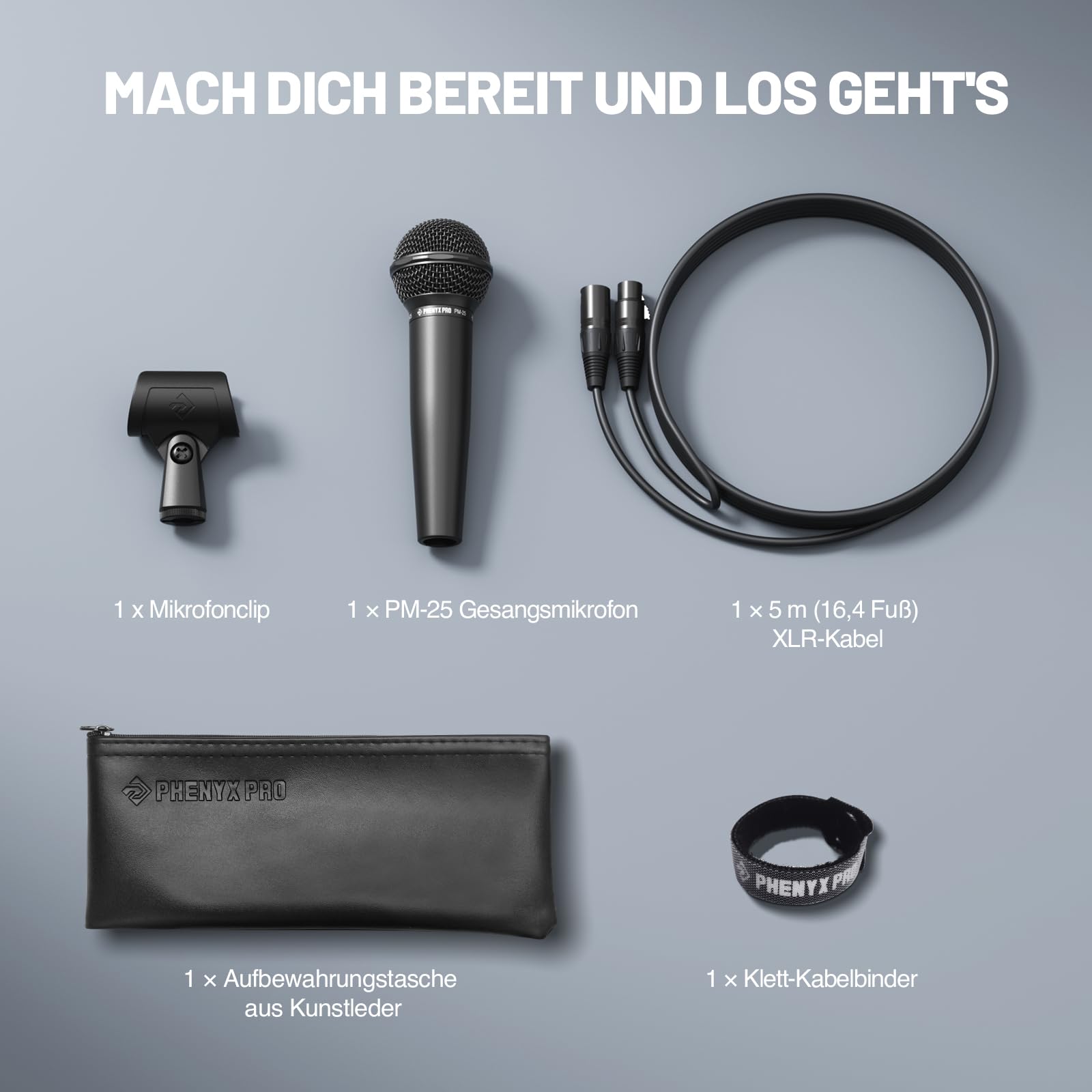 Phenyx Pro Dynamisches Gesangsmikrofon XLR PM-25 | Kabelmikrofon, Nierencharakteristik, 5 m XLR-Kabel, Mikrofonhalter, Transporttasche, Gesang, Bühne, Studio, Karaoke