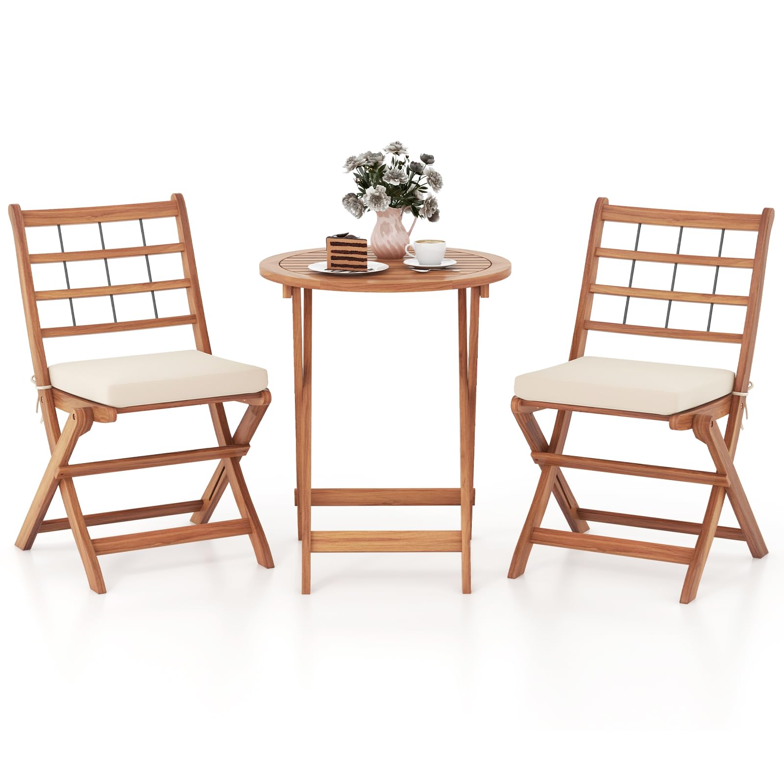 HAPPYGRILL 3 Pieces Acacia Wood Patio Bistro Set in an outdoor balcony setting