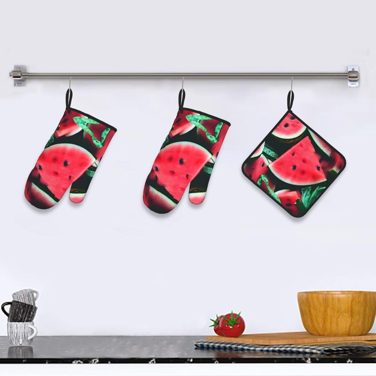 Red Watermelon Print Heat Resistant Microwave Gloves, Used for Baking, Cooking, and Fashion Kitchen Essentials