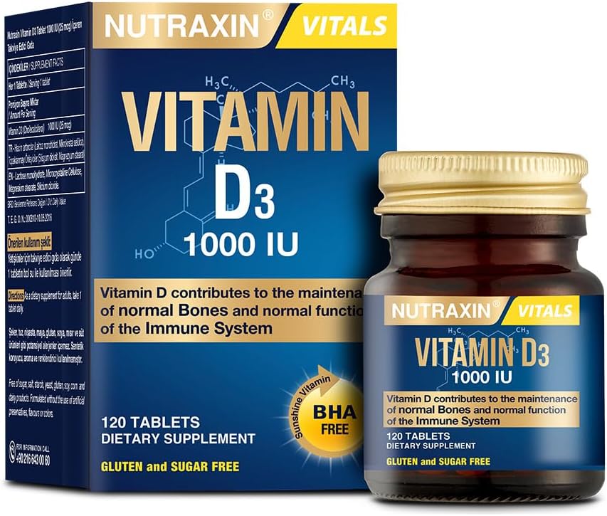 Nutraxin Vitals D3 Vitamin Cholecalciferol 1000 IU (25 mcg) 120 Tablets – Supports Bone Health, Immunity, Muscle Function, Calcium Absorption & Overall Wellbeing for Men & Women