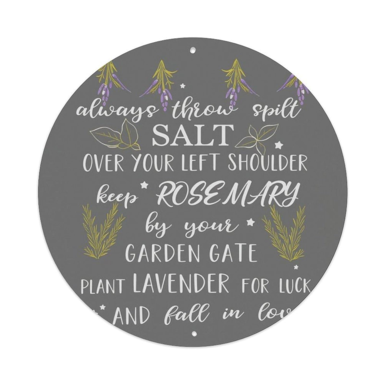 Grey Lavender Rosemary Garden Lucky Folk Saying Round Tin Sign Vintage Aluminium Metal Sign, Retro Wall Decor for Home, Bar, Garage & Farmhouse 20x20cm