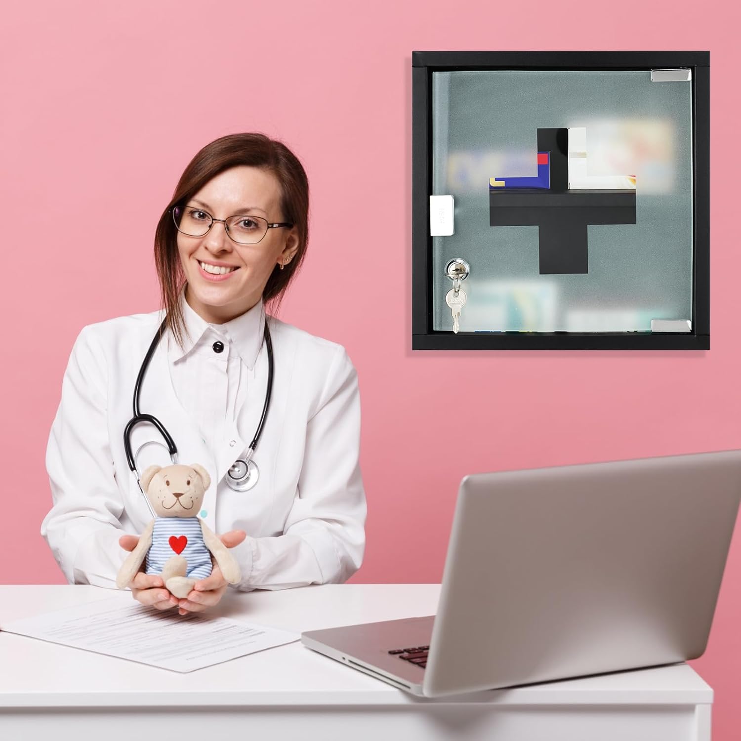 Timgle First Aid Wall Cabinet with Lock Medicine Wall Mounted Bathroom Storage Hanging Medical Cabinet with Safety Glass Door for Bathroom(2 Shelves,Black)