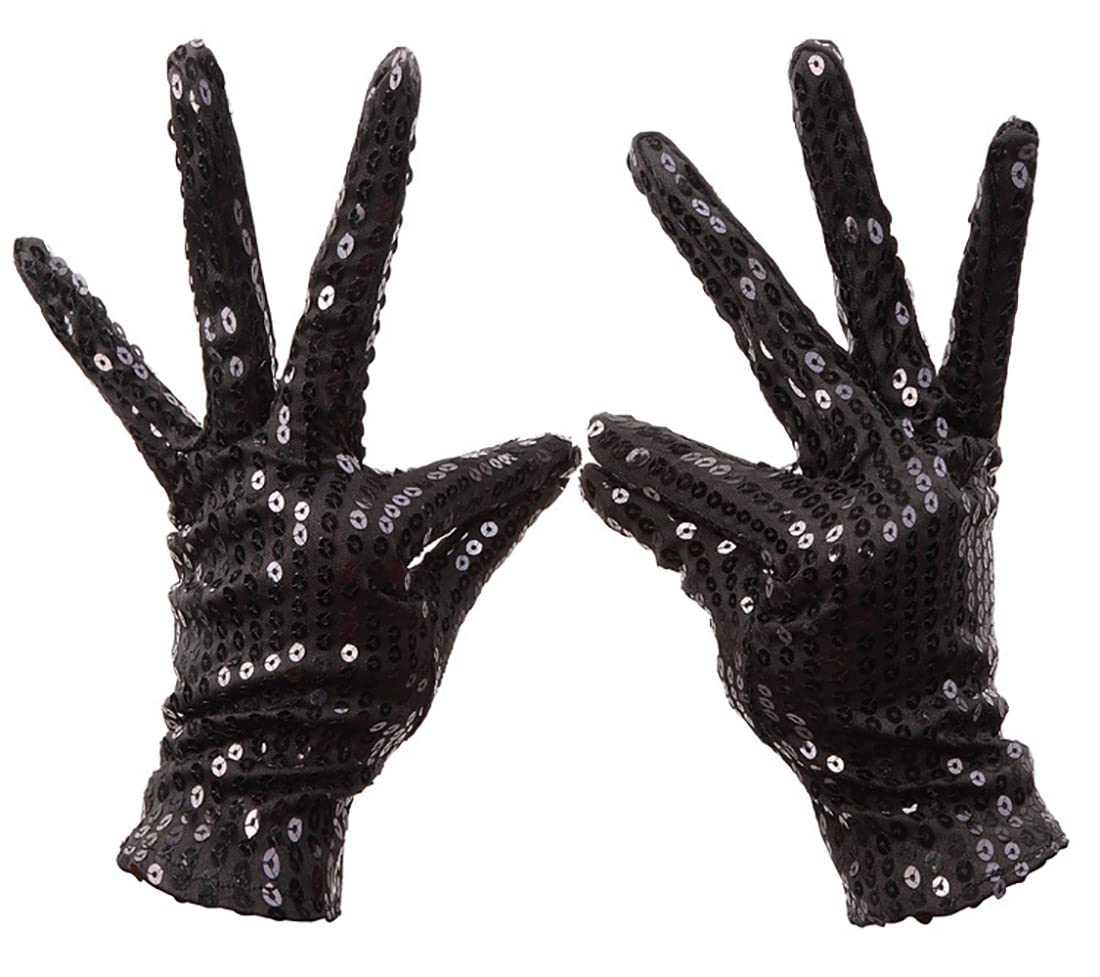 Aniler Unisex Wrist Length Full Finger Sequin Solid Color 80s Sparkling Glitter Costume Cosplay Party Short Gloves, Black, One size
