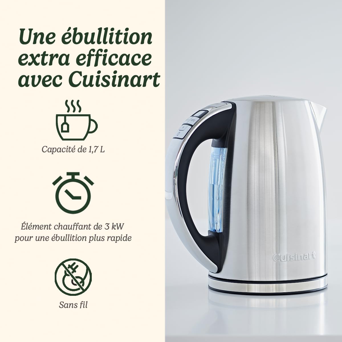 Cuisinart Bouilloire électrique Multi-Températures - Ébullition rapide - Sans fil - Argenté - Fini en acier inoxydable - Capacité de 1,7L - Température réglable - Filtre amovible et lavable