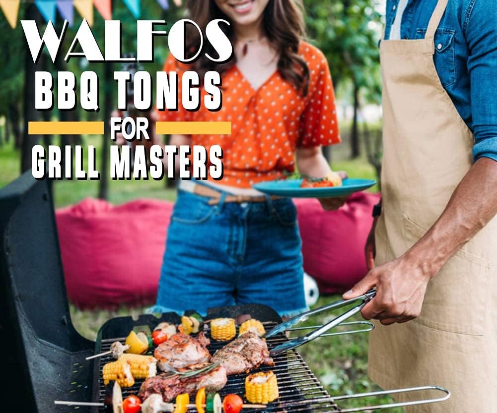 Walfos Locking BBQ Tongs - 12", and 16" Heavy Duty Kitchen Tongs, Stainless Steel and Non-Slip Heat Resistant Handle - Great for Cooking, Turning and Barbecue (Set of 2) : Patio, Lawn & Garden
