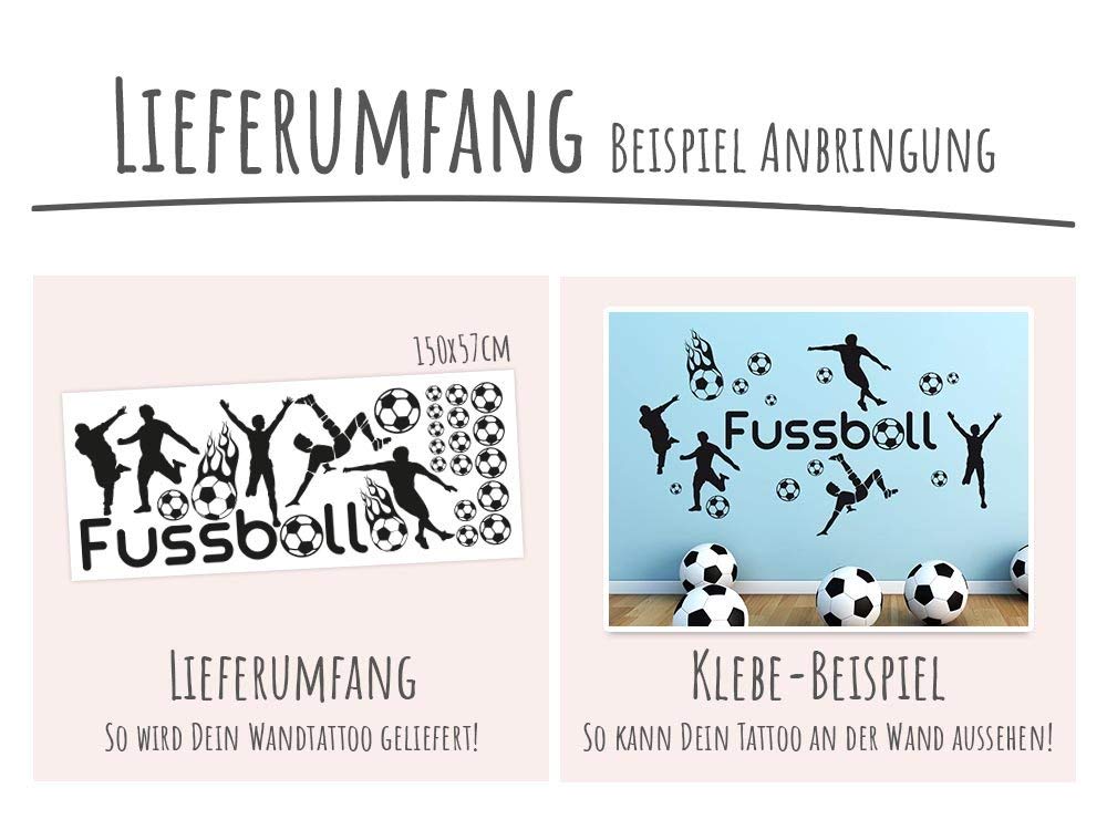 GRAZDesign Wandtattoo Fußball Kindezimmer Junge Fußballspieler mit Bälle Toor - Wandaufkleber Fußballer Jugendzimmer Sportzimmer im Set 150x57cm, 070 schwarz