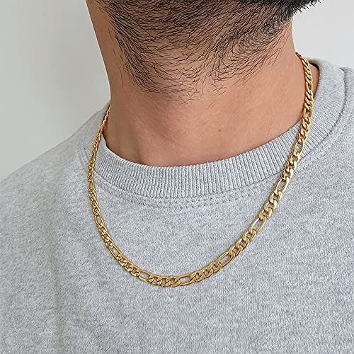 Brijewnes Gold Chain For Men Gold Necklace, 20 Inch Gold Necklace For Men 18K Gold Plated Chain For Men 5Mm Mens Gold Necklaces For Mens Jewelry Gold Figaro Chain Necklace For Men Mens Gold Chain #TOP1