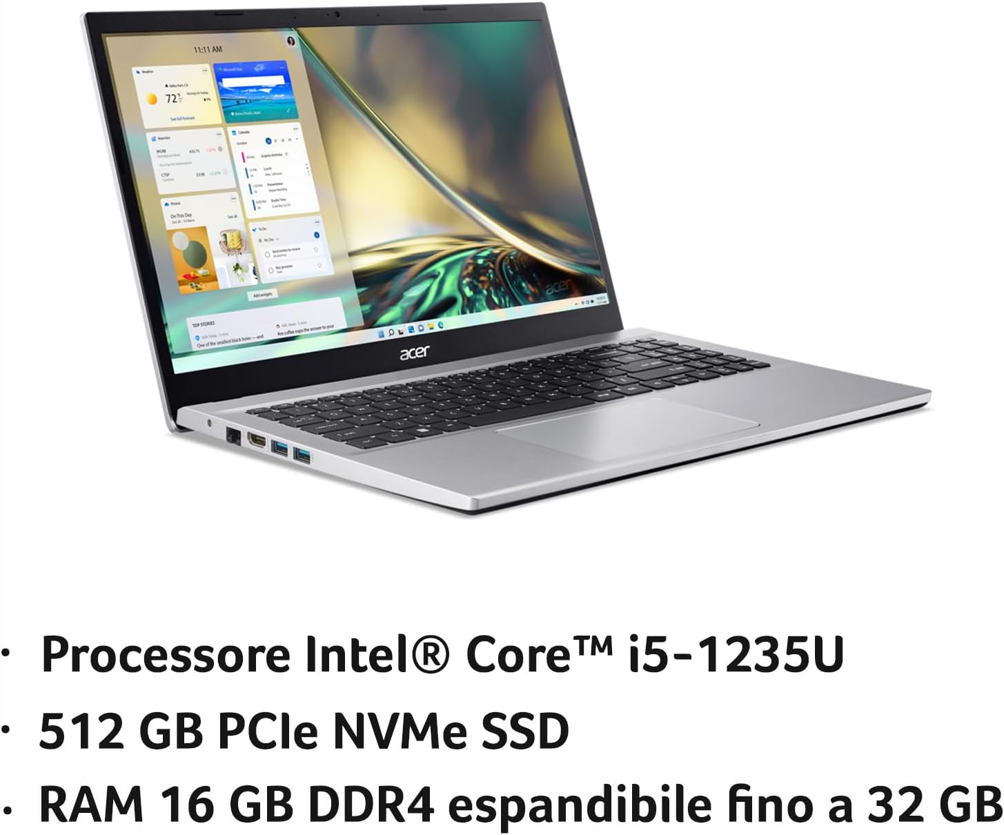 Acer Aspire 3 A315-59-5067 PC Portatile, Notebook, Processore Intel Core i5-1235U, RAM 16 GB DDR4, 512 GB PCIe NVMe SSD, Display 15.6" FHD LCD, Scheda Grafica Intel Iris Xe, Windows 11 Home, Silver - Immagine 2