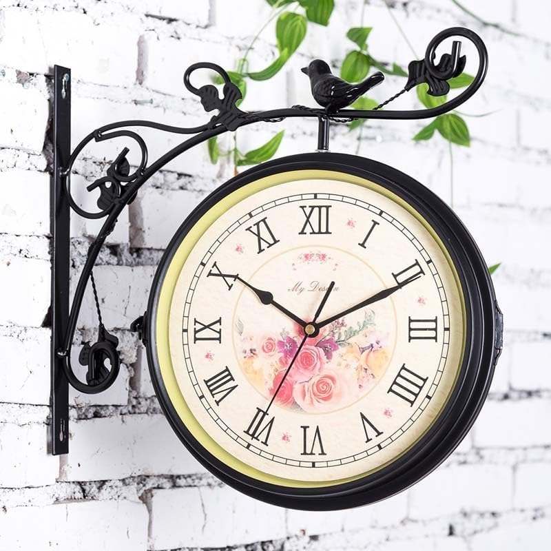 Miniatura 3 de Reloj de jardín de doble cara estilo estación reloj de pared con detalles de pájaros y hojas reloj de acero al aire libre (negro, 14.2 x 13.8 in)