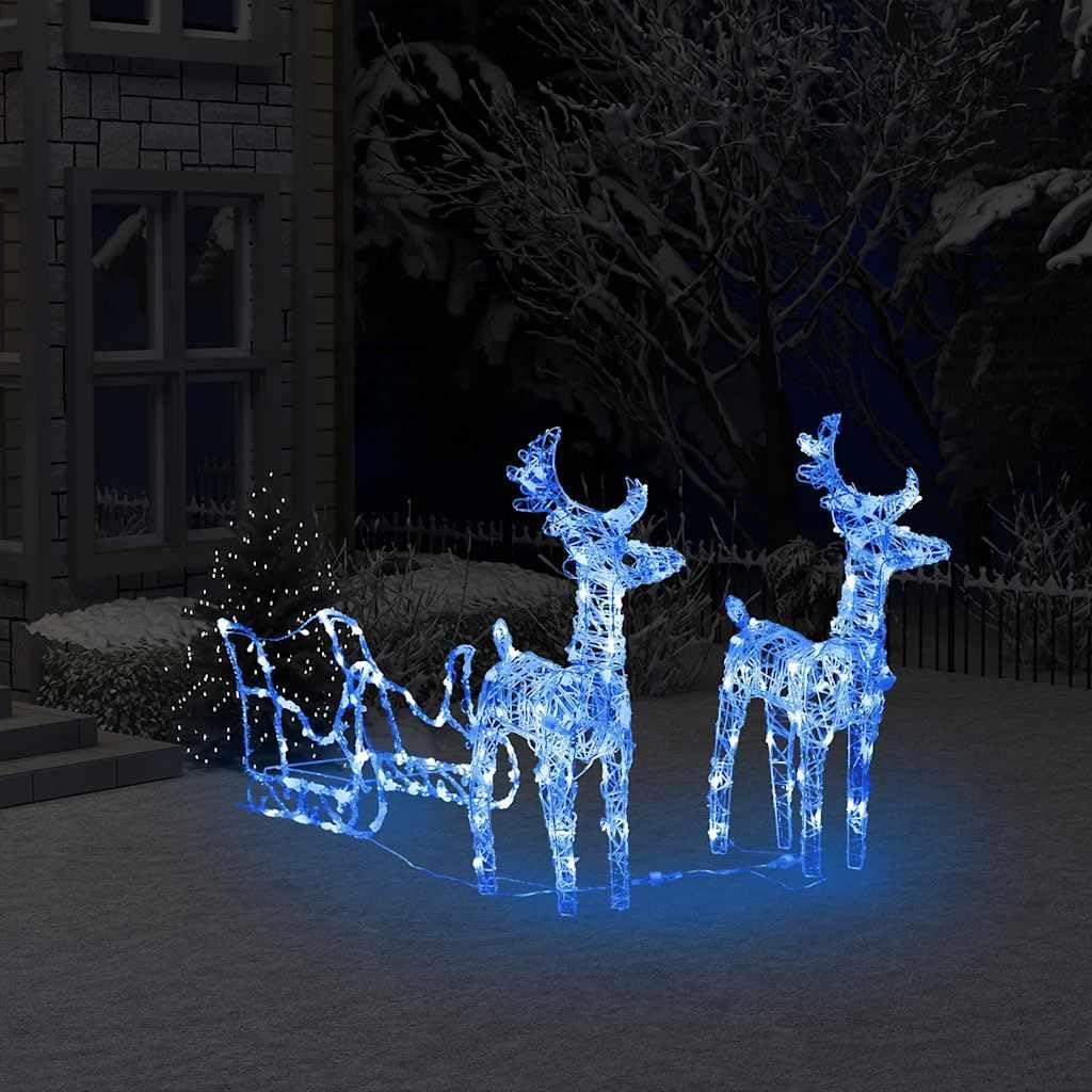 vidaXL Lighted Christmas Reindeer & Sleigh Set, Xmas Outdoor Yard Decoration with 160 LED Lights, Fabric & Steel Christmas Ornaments with 8 Light Modes, Blue