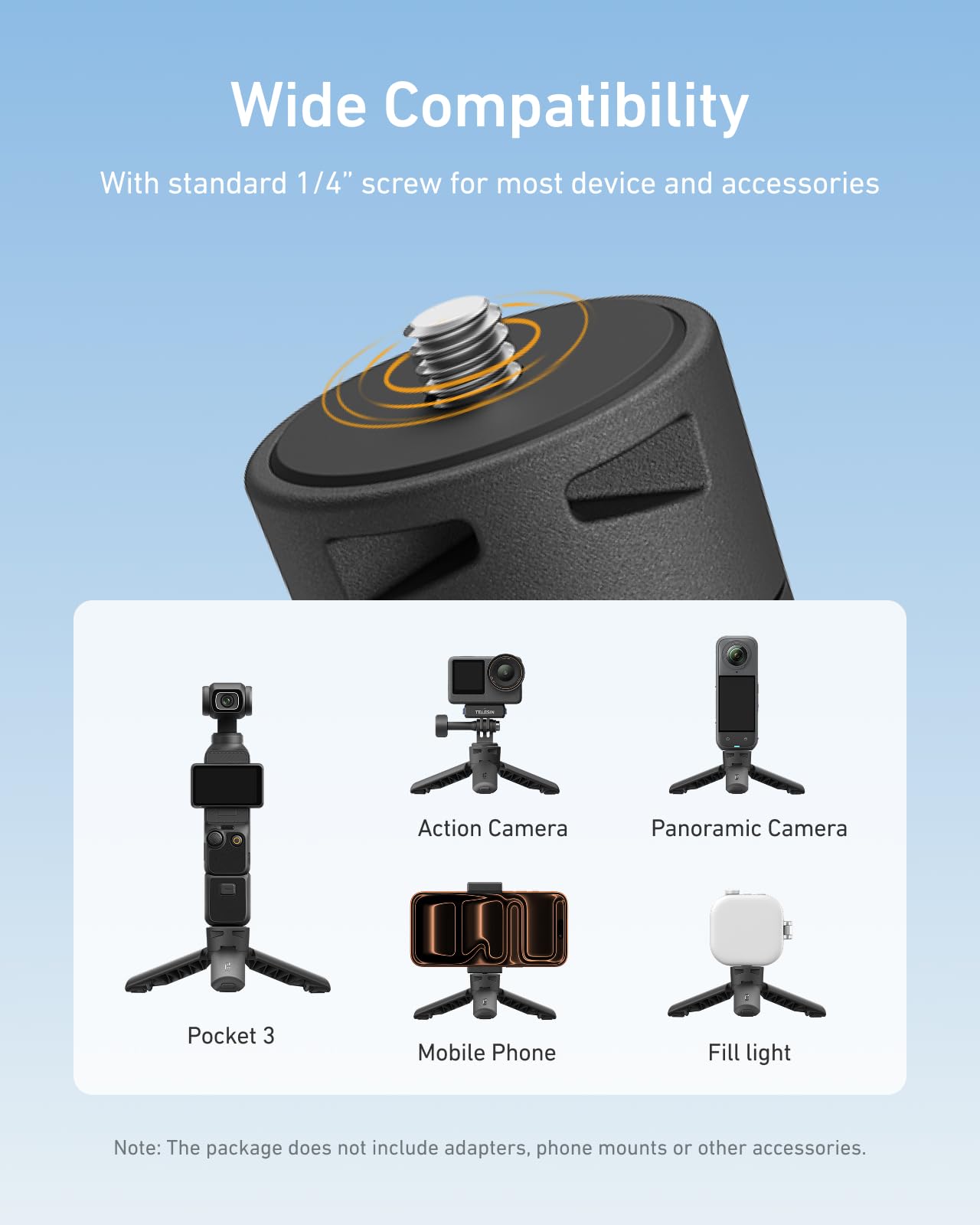 TELESIN Mini Tripod for DJI Osmo Pocket 4/3 Camera & Phone, One-Key Quick Open 1/4" Screw Vlogging Small Desktop Tripod Handle Grip 2-in-1, For Pocket 4/3 & Action 6/5 pro/Go Pro/Insta360 X5 Camera — view 3