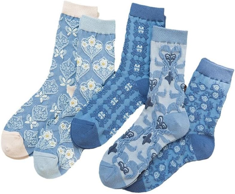 Cute Floral Socks for Womens, Vintage Embroidered Cottagecore Frilly Flower Cotton Crew Socks
