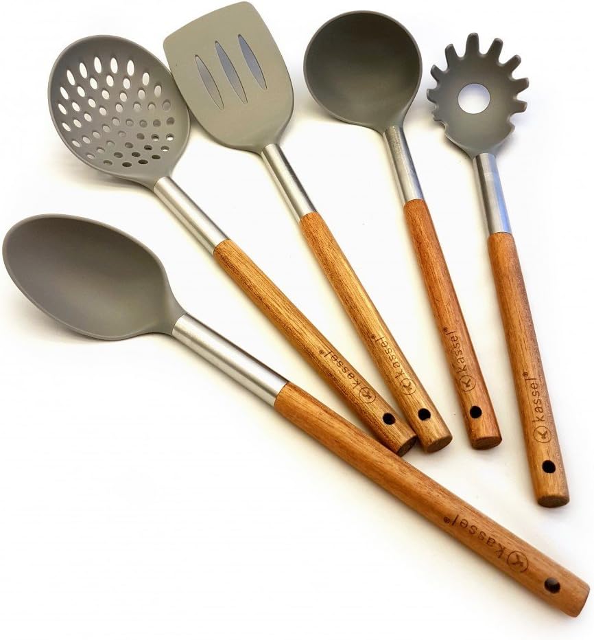 Kassel 5 Piece Kitchen Set, Stainless Steel, Acacia Wood, Multi-Color, XL, One Size