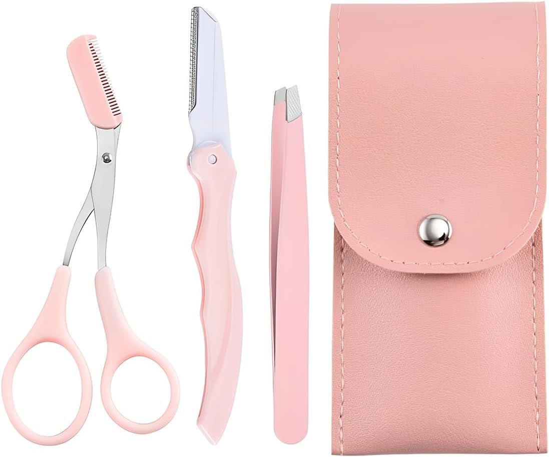 4-Piece Tweezers Set, Professional Eyebrow Plucking, Precision, Stainless Steel Tweezers Set for Removing Blackheads, Ingrown Hair, Eyelashes for Women and Men (Pink)