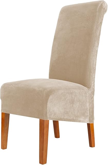 CMAKER Velvet Dining Chair Covers, Stretch Large Chair Slipcover, Spandex High Back Chairs Cover Elastic Washable Removable XL Chair Protector,Set of ,Beige