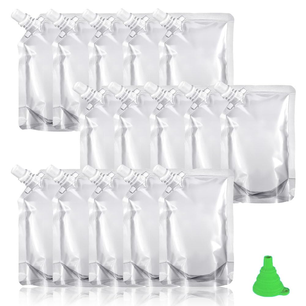 15 Packs Clear Drink Pouches - Refillable Juice Pouch Bags - Leak Proof with Spouts Funnel Beverage Portable Bags for Parties, Picnic, Travel, Sports, Juice, Water(500 ML)