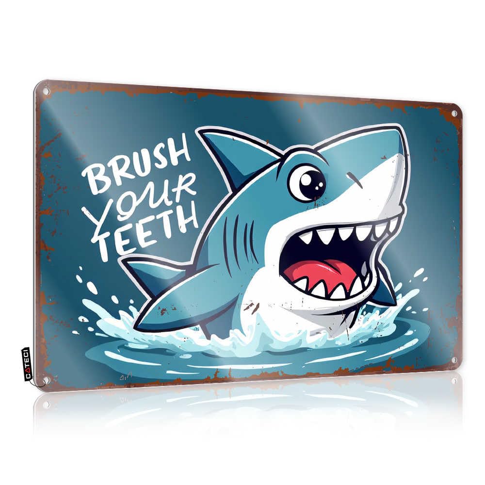 Fzfn Colour Funny Wall Art Stunning Vintage Wall Art, Personalized Retro Ideas Tin Sign For Home Bar | 8X12 Inch Brush Your Teeth: The Friendly Shark's Reminder Perfect For Gate Decor(30X40cm)