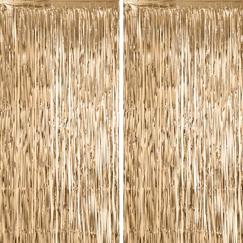 Image of Voircoloria 2 Pack Champagne Foil Fringe Backdrop Curtains, Tinsel Streamers Birthday Party Decorations, Fringe Backdrop for Anniversary, New Years, Birthday Party
