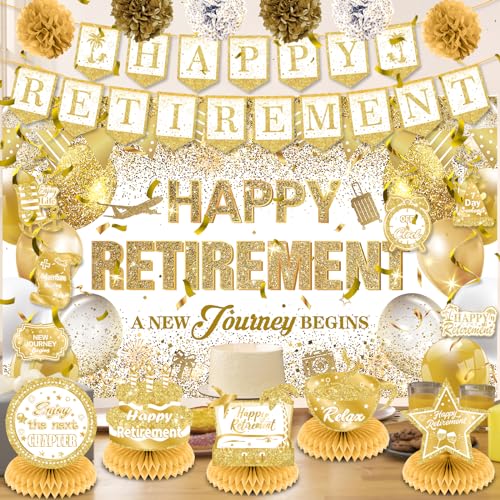 White Gold Retirement Decorations for Women Men White Gold Happy Retirement Banner Backdrop Retirement Honeycomb Centerpieces Hanging Swirls Paper Pompoms Shoulder Strap Retirement Party Supplies