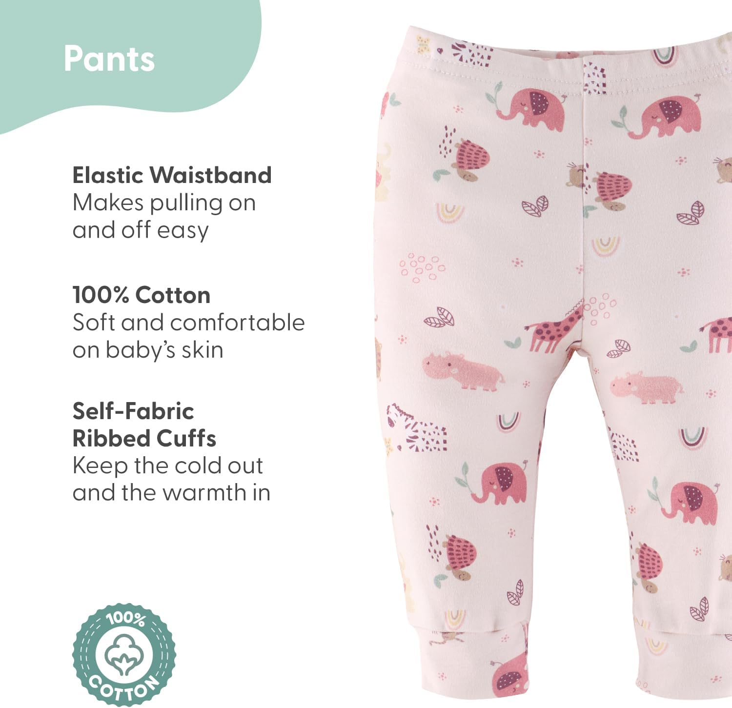 The Peanutshell 5 Pack Baby Girl Pants Set - 100% Cotton Toddler Pants, Sizes 0-24 Months - Rainbow Safari - Image 3