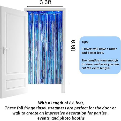Miniatura 6 de Paquete de 2 cortinas de flecos de papel de aluminio azul de 3.3 x 6.6 pies, cortinas de fondo para decoraciones de fiesta azul, graduación, boda,