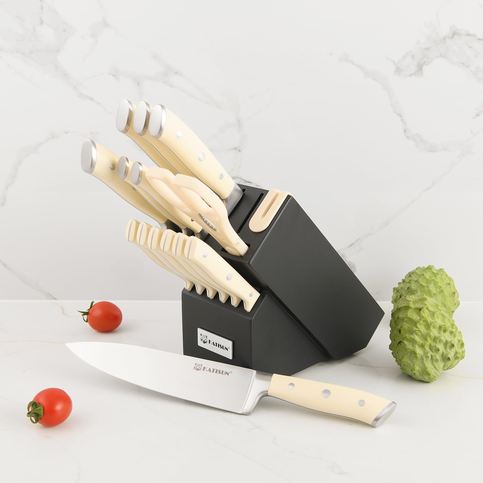 Juego de Cuchillos de 16 Piezas, Hecho de Acero Japonés 420j2, Mangos Pulidos Blancos, Juego de Cuchillos de Cocina Profesional, Afilador de Cuchillos