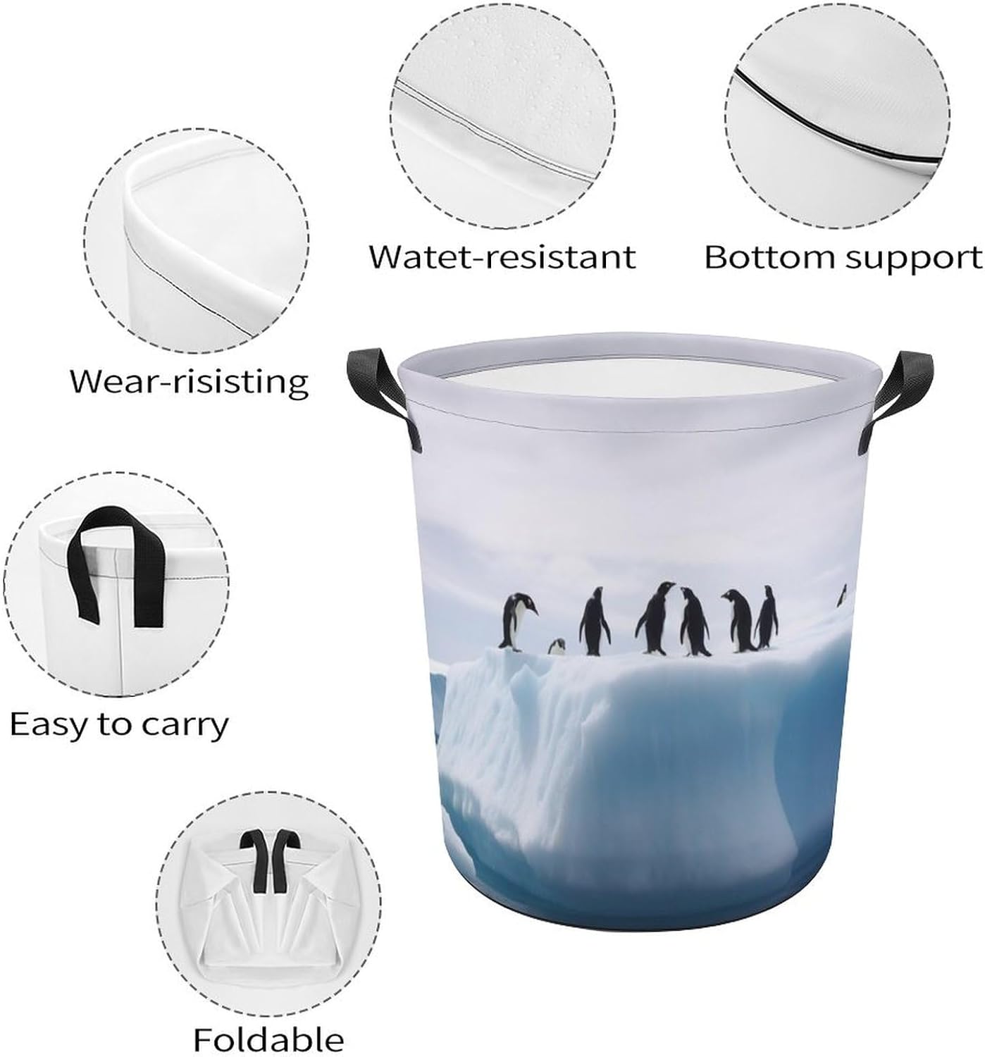 Collapsible Laundry Basket, Penguins on The Iceberg Printed Foldable Oxford Cloth Storage Basket，suitable for Bedrooms, Bathrooms, Clothes, Toys