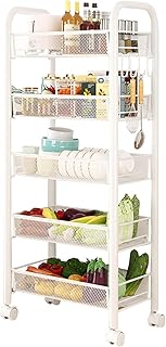 Estantería para verduras para cocina, 5 niveles, carrito de cocina, cesta de frutas, estante de metal con ruedas y 4 ganchos para cocina, baño, dormitorio, oficina, color blanco