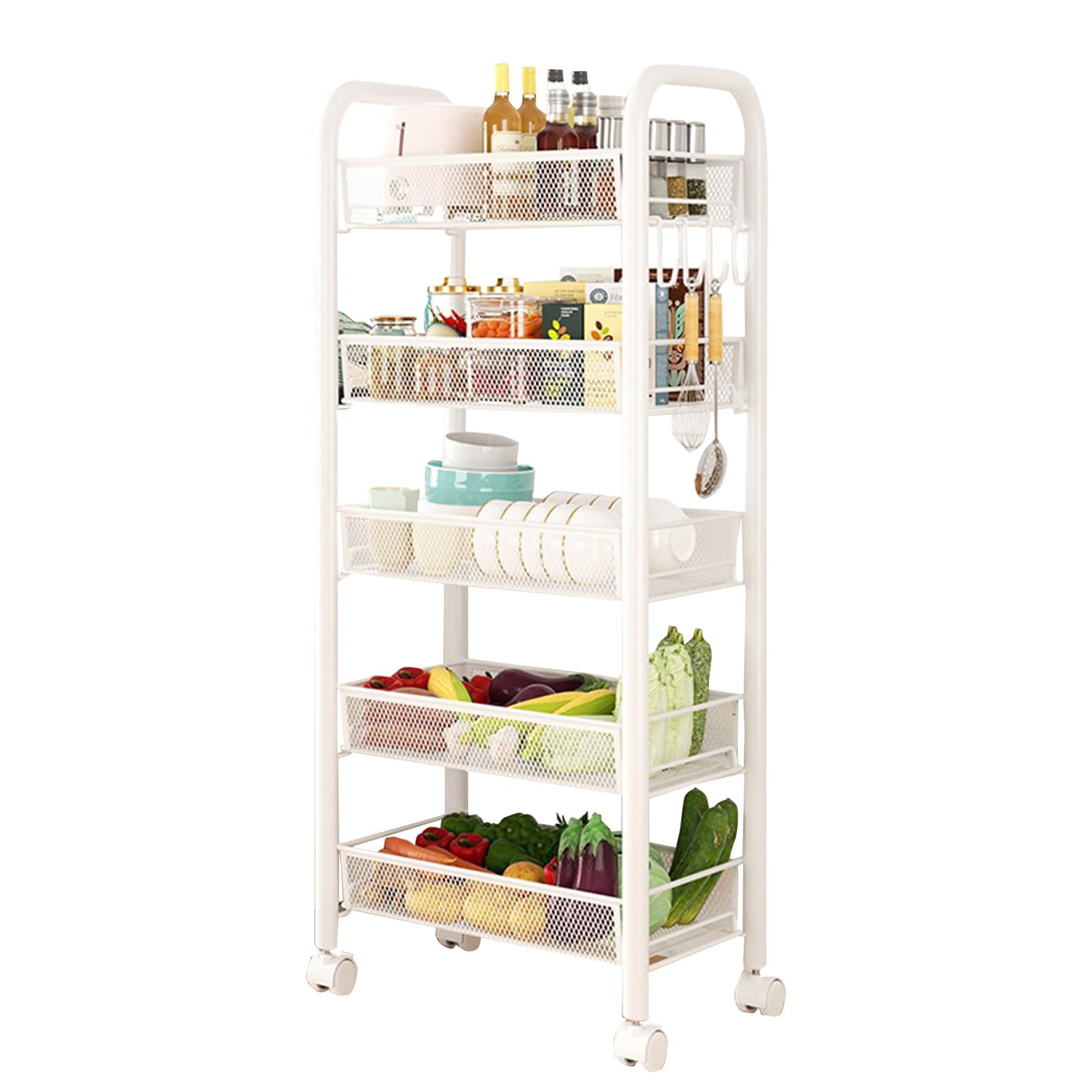 Desserte Roulante 5 Niveaux, 44 x 26 x 102 cm, étagère à Légumes, Chariot de Rangement étroit en Métal sur roulettes avec 4 Crochets, Chariot pour Fruits et Boissons, Panier en Maille Blanc