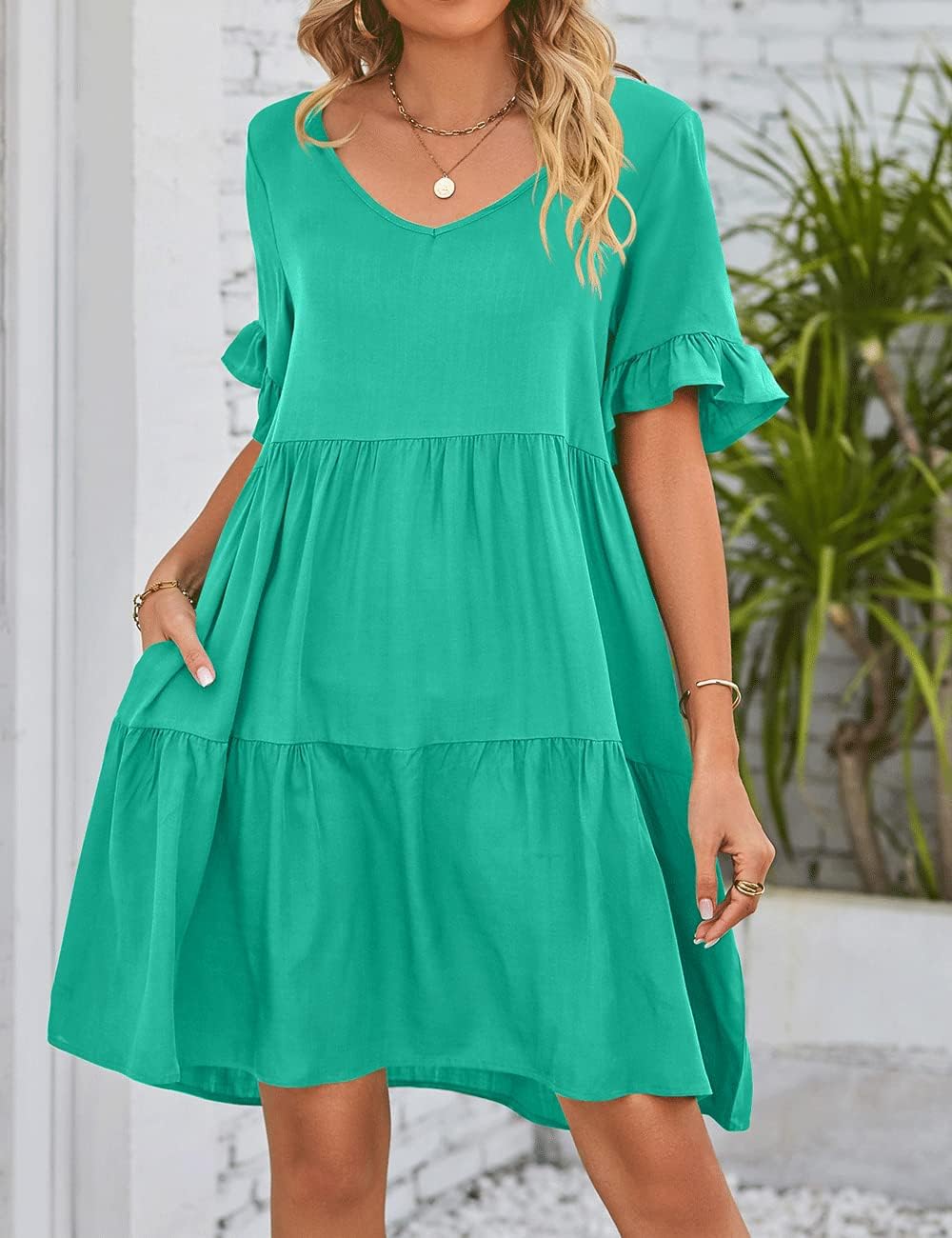 Size XXL AHAIJ Womens 2023 Summer Casual V Neck Babydoll Dress Short Sleeve Tiered Ruffle Pockets Plain Flowy Swing Mini Dress