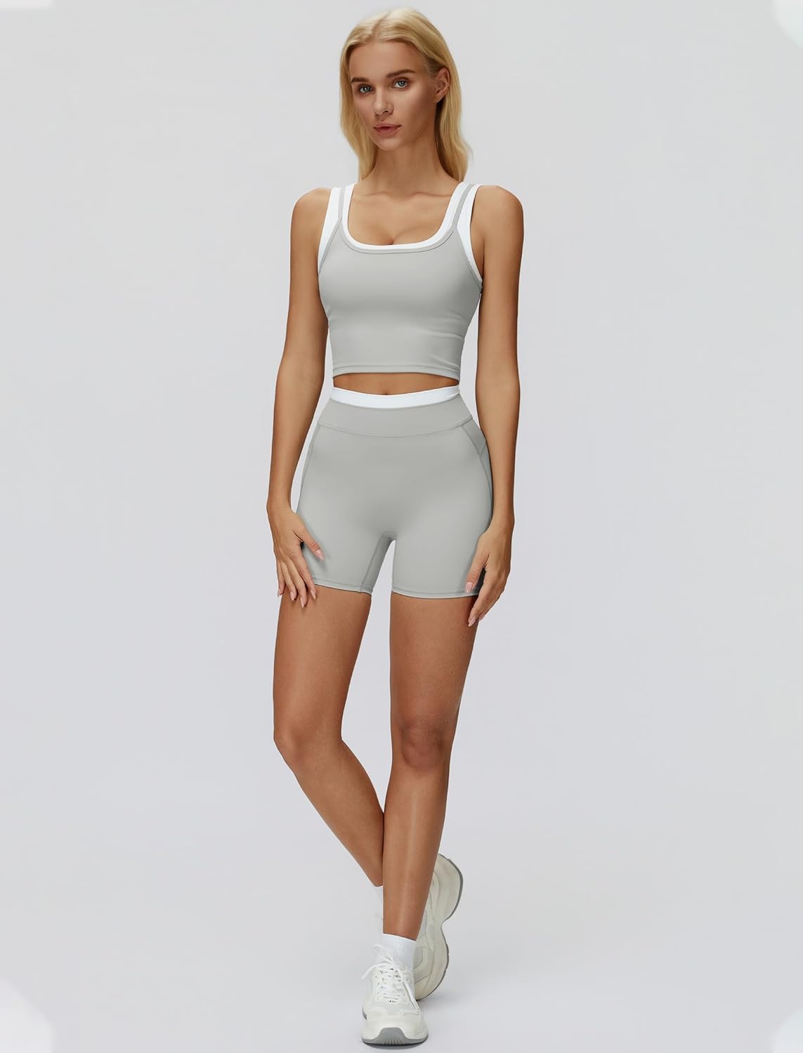 Women Two Piece Workout Sets Color Block Backless Tank Top and High Waist Booty Lifting Shorts Gym Yoga Active Outfits - Image 5